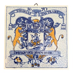 Dutch Delft Blue and White Porcelain Tile with Heraldic Coat of Arms