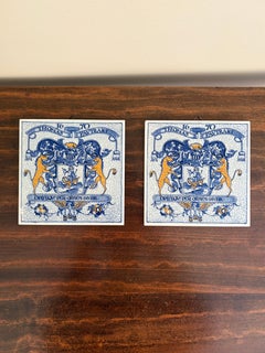 Dutch Delft Blue and White Porcelain Tiles with Heraldic Coat of Arms, Pair