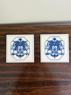 Dutch Delft Blue and White Porcelain Tiles with Heraldic Coat of Arms, Pair