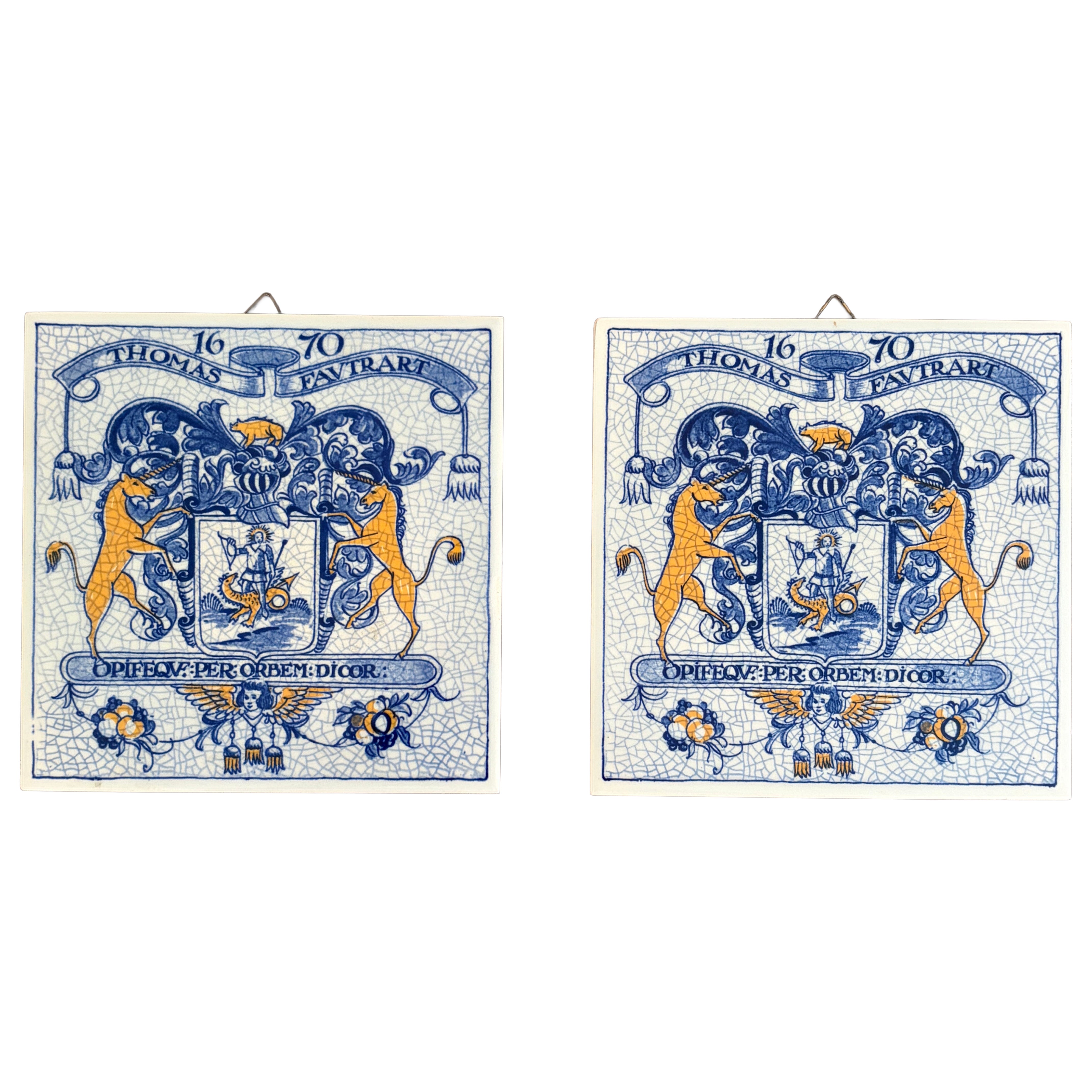 Dutch Delft Blue and White Porcelain Tiles with Heraldic Coat of Arms, Pair For Sale