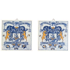Dutch Delft Blue and White Porcelain Tiles with Heraldic Coat of Arms, Pair