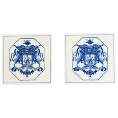 Dutch Delft Blue and White Porcelain Tiles with Heraldic Coat of Arms, Pair
