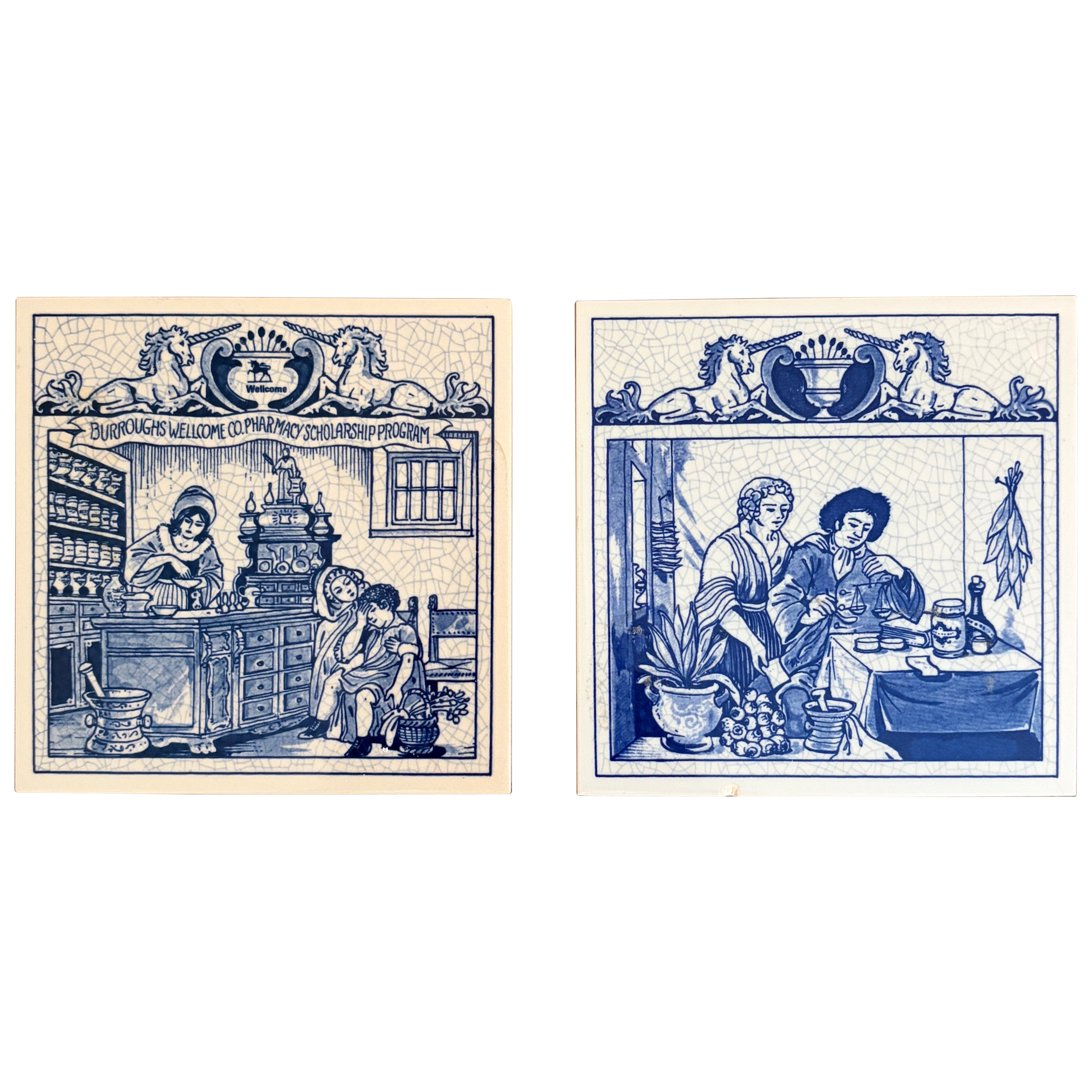 Dutch Delft Blue and White Porcelain Tiles with Medical Scenes, Pair For Sale