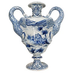 Antique Dutch Delft Blue and White Swan Handled Vase