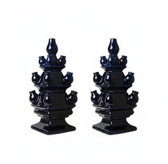 Dutch Delft Blue Ceramic Tulip Vase Set in Dark Blue