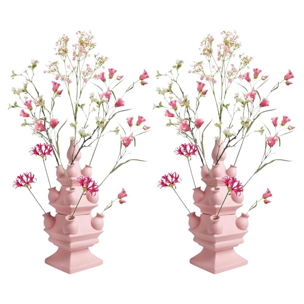 Dutch Delft Blue Ceramic Tulip Vase Set in Matte Pink