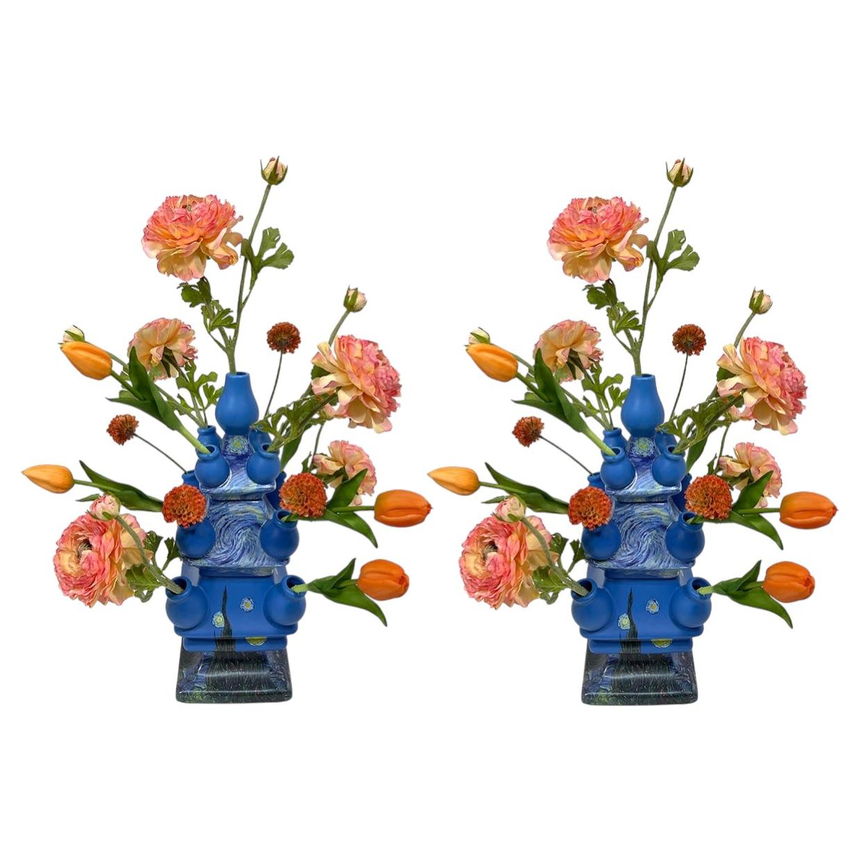Dutch Delft Blue Ceramic Tulip Vase Set *The Starry Night* by Vincent van Gogh