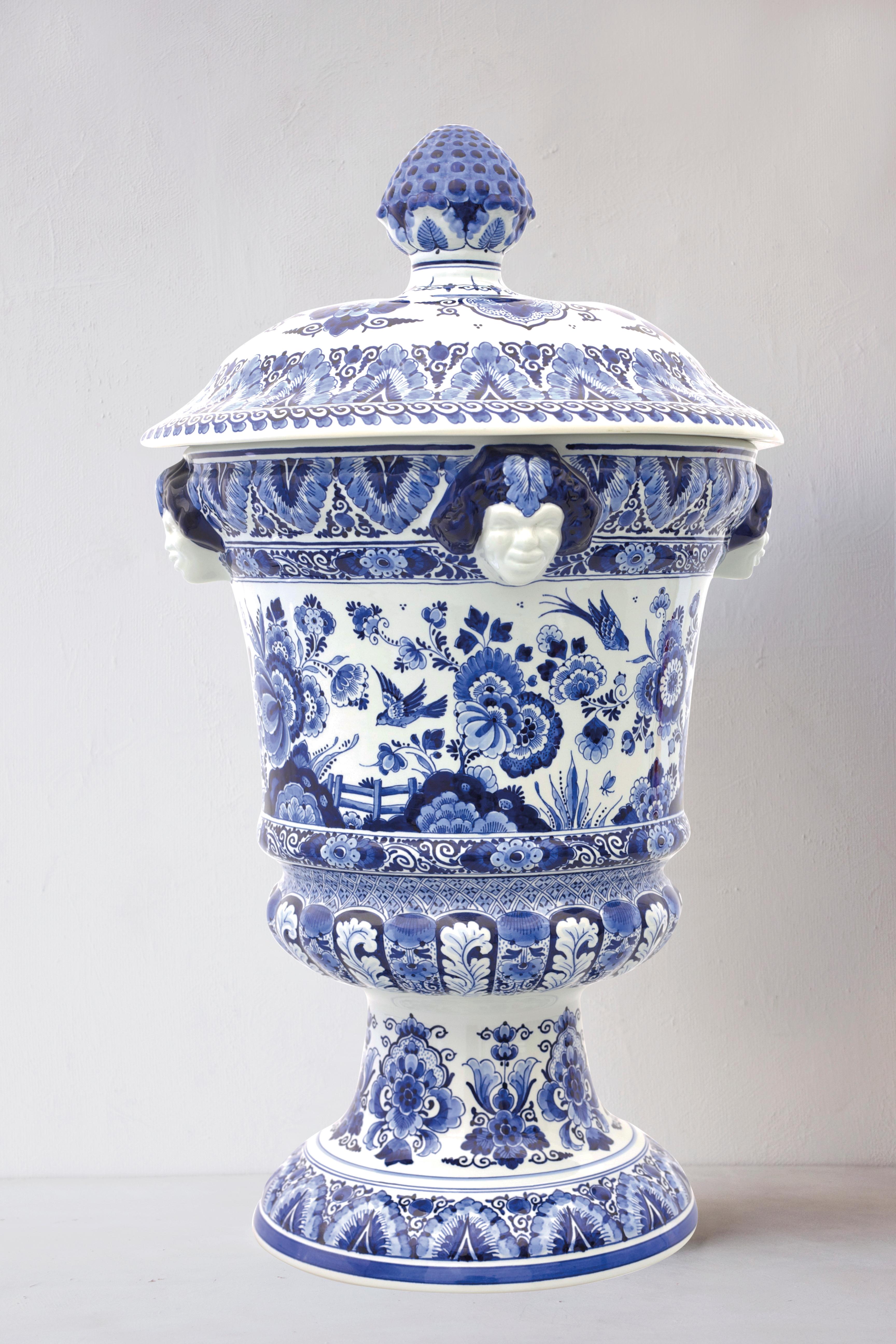 Baroque Dutch Delft Blue handpainted Satyr vase flower/bird by Royal Delft, Orig. Blue  For Sale