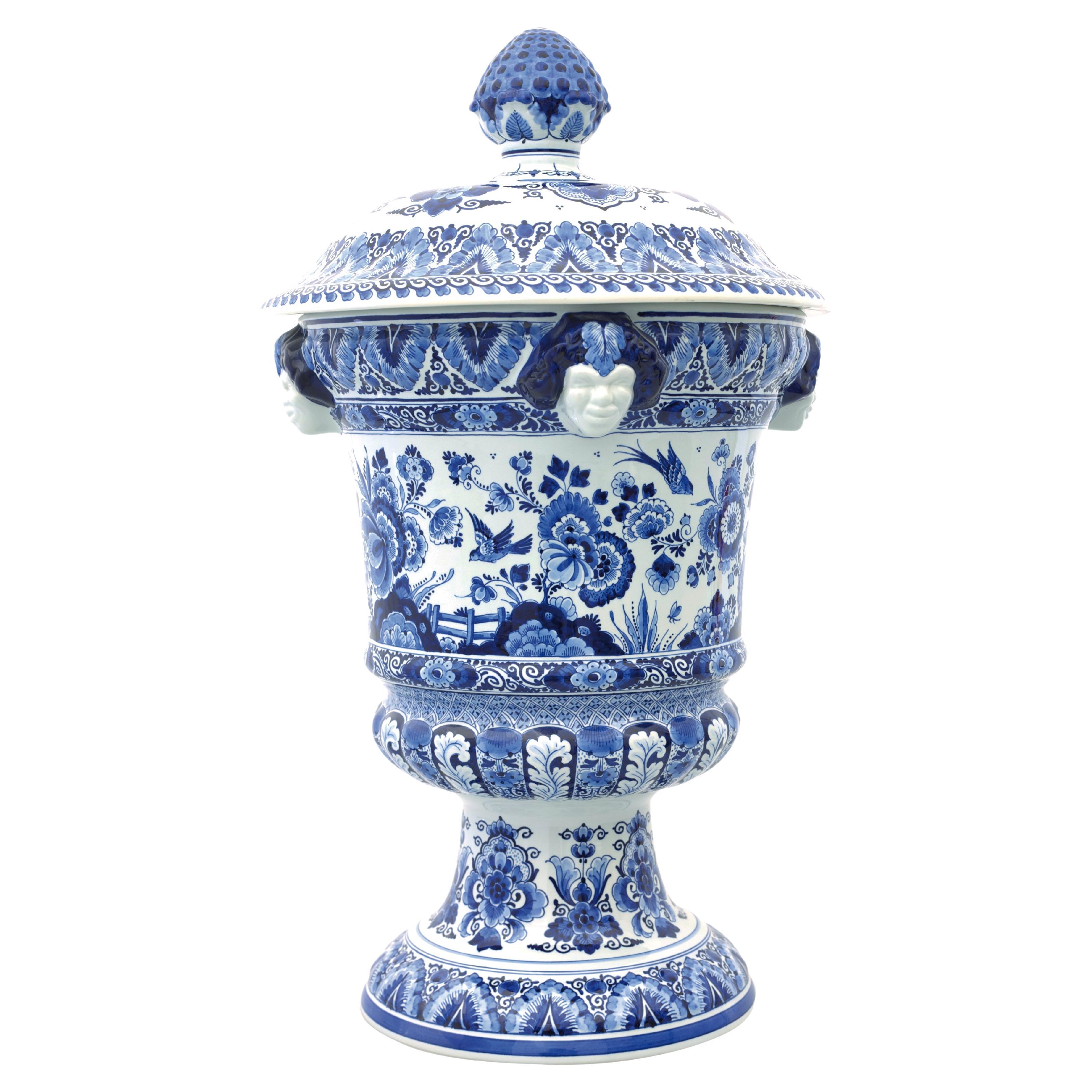 Dutch Delft Blue handpainted Satyr vase flower/bird by Royal Delft, Orig. Blue  For Sale
