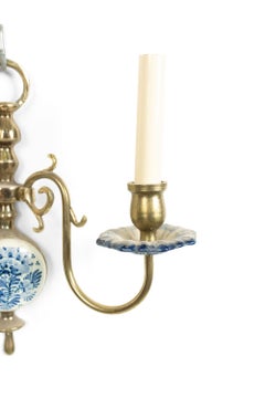 Dutch Delft Blue Porcelain and Brass Wall Sconce