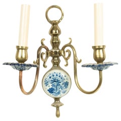 Dutch Delft Blue Porcelain and Brass Wall Sconce