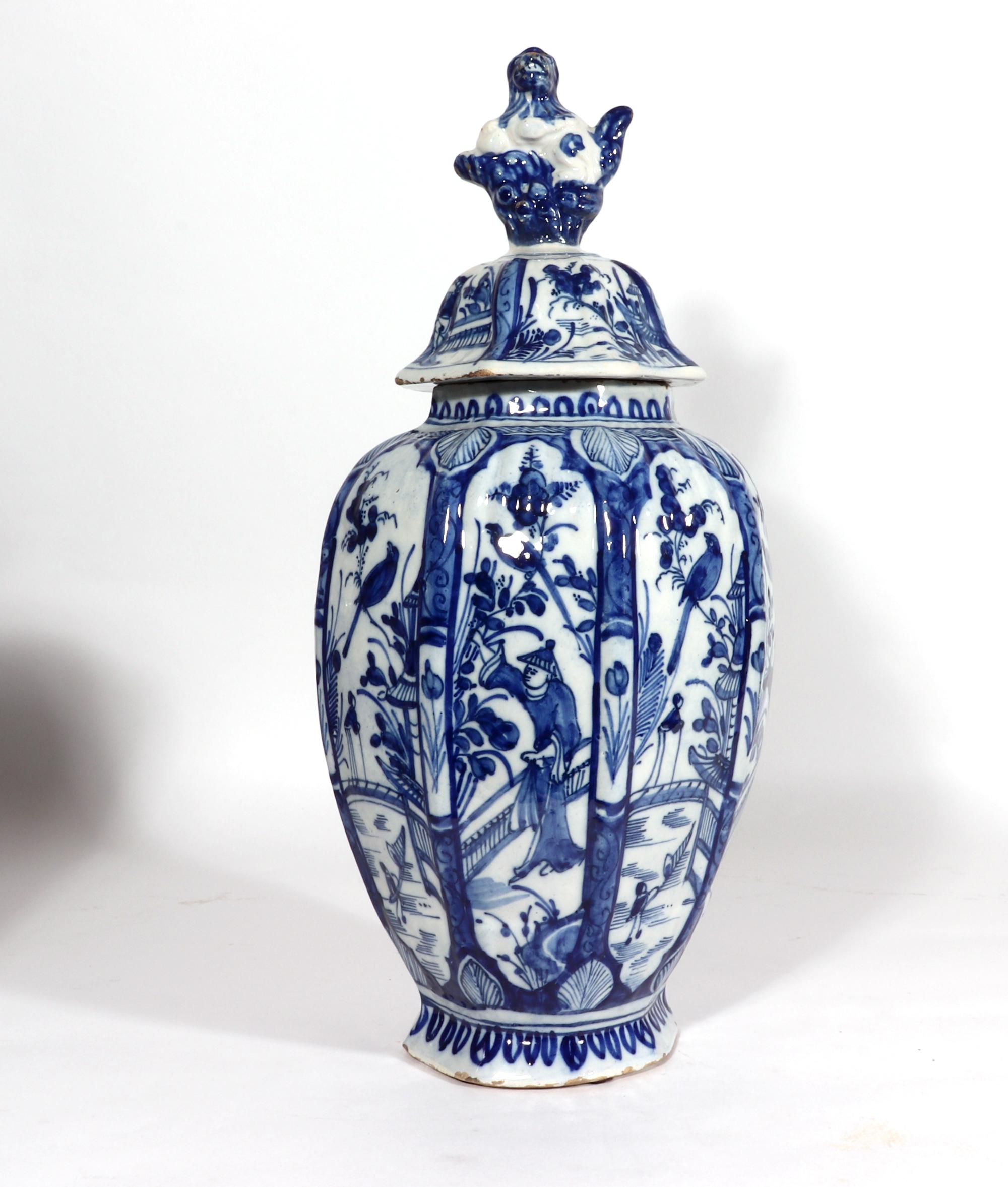 Dutch Delft Blue & White Chinoiserie Garniture of Vases 6