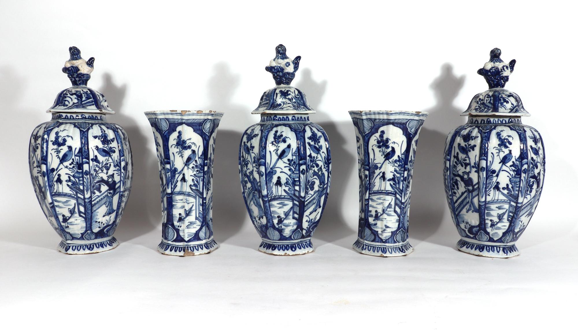 Georgian Dutch Delft Blue & White Chinoiserie Garniture of Vases