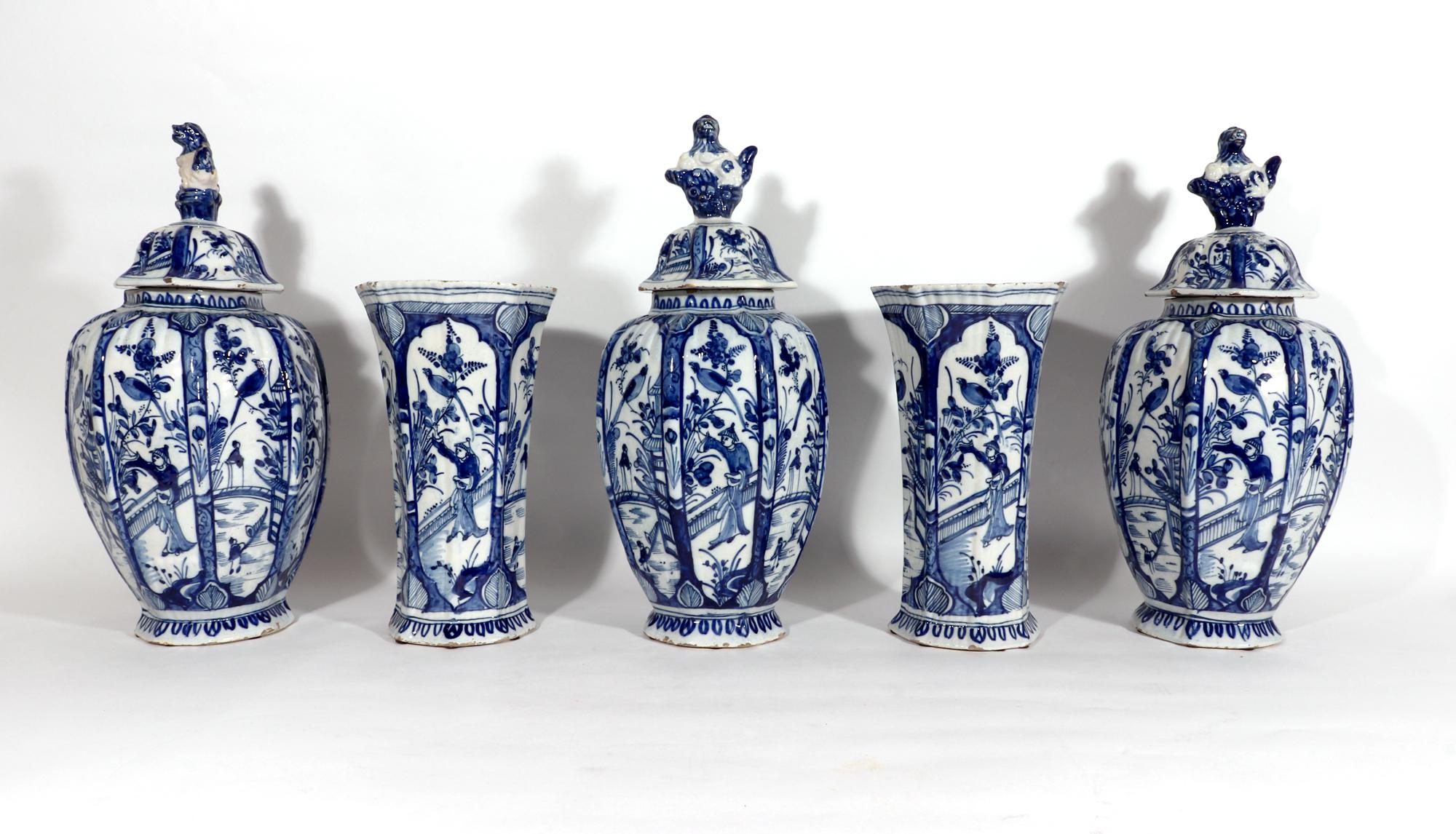 Dutch Delft Blue & White Chinoiserie Garniture of Vases In Good Condition In Downingtown, PA
