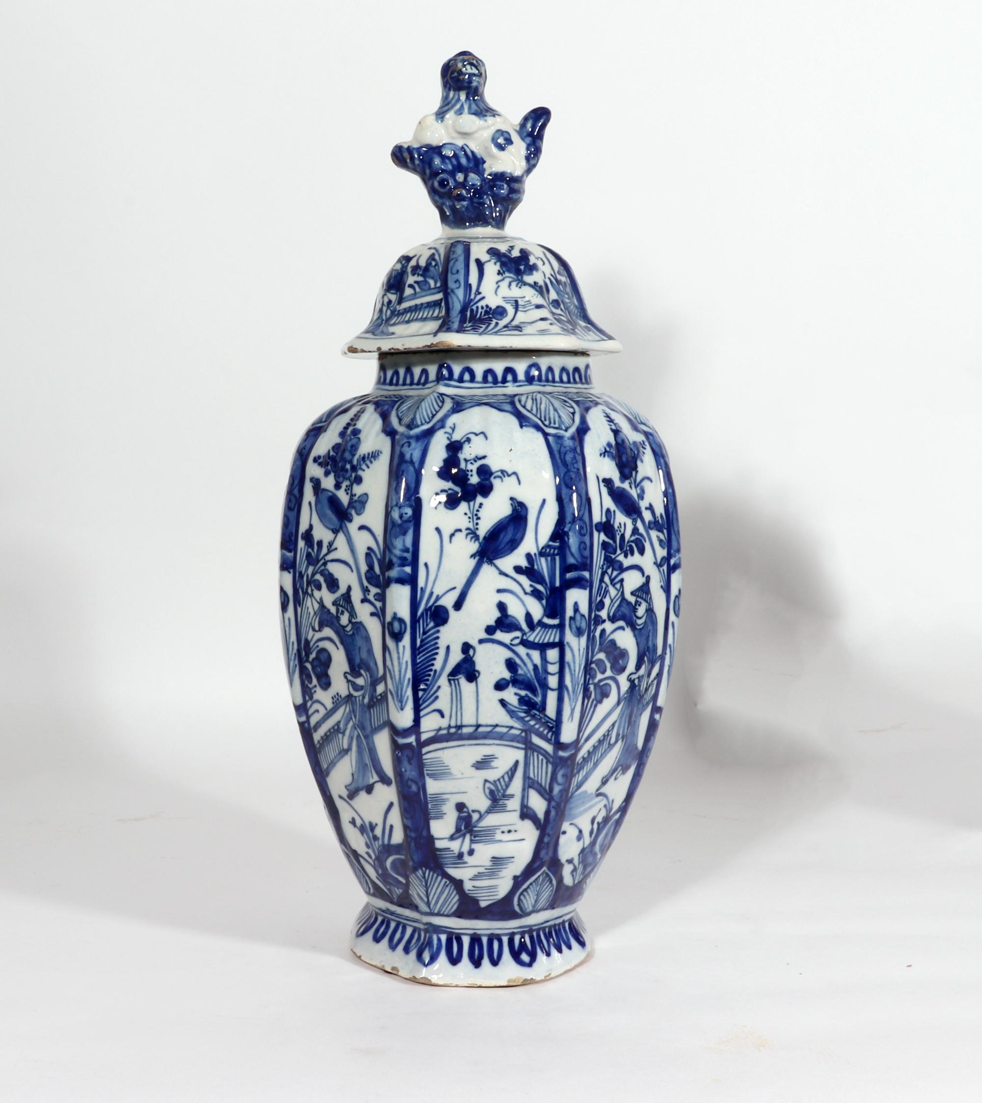 Mid-18th Century Dutch Delft Blue & White Chinoiserie Garniture of Vases