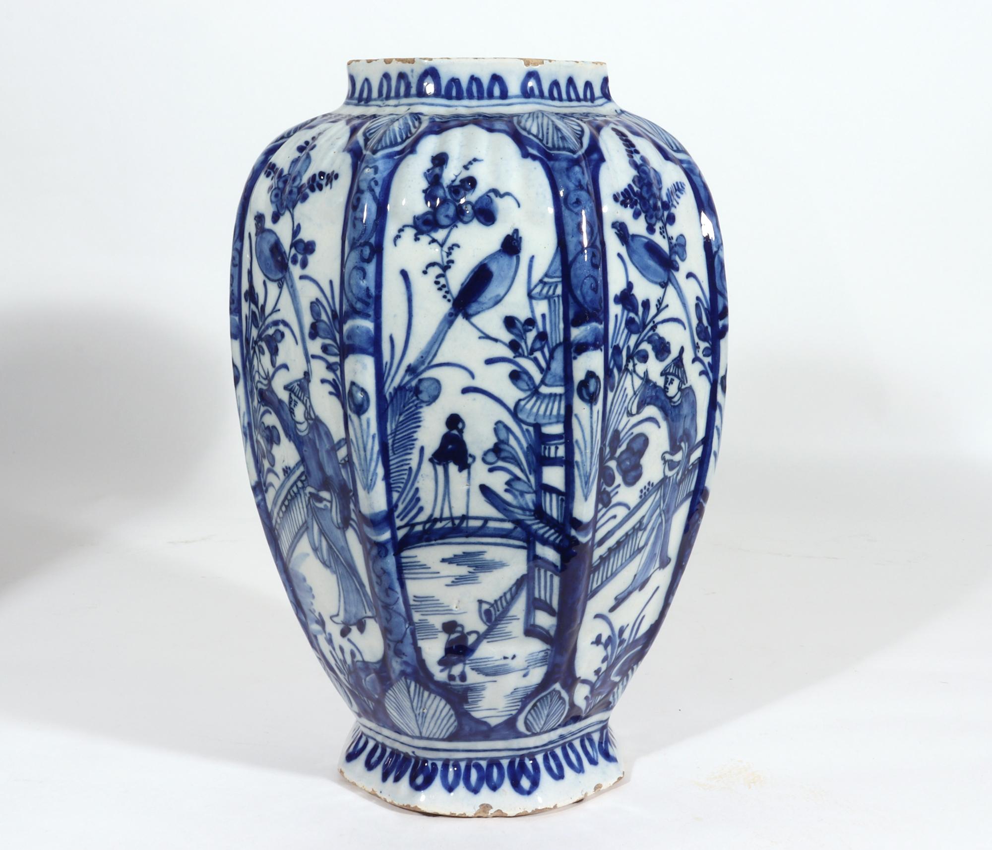 Dutch Delft Blue & White Chinoiserie Garniture of Vases 1