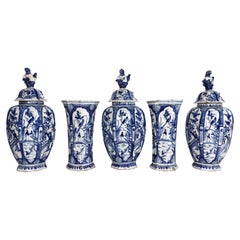 Dutch Delft Blue & White Chinoiserie Garniture of Vases