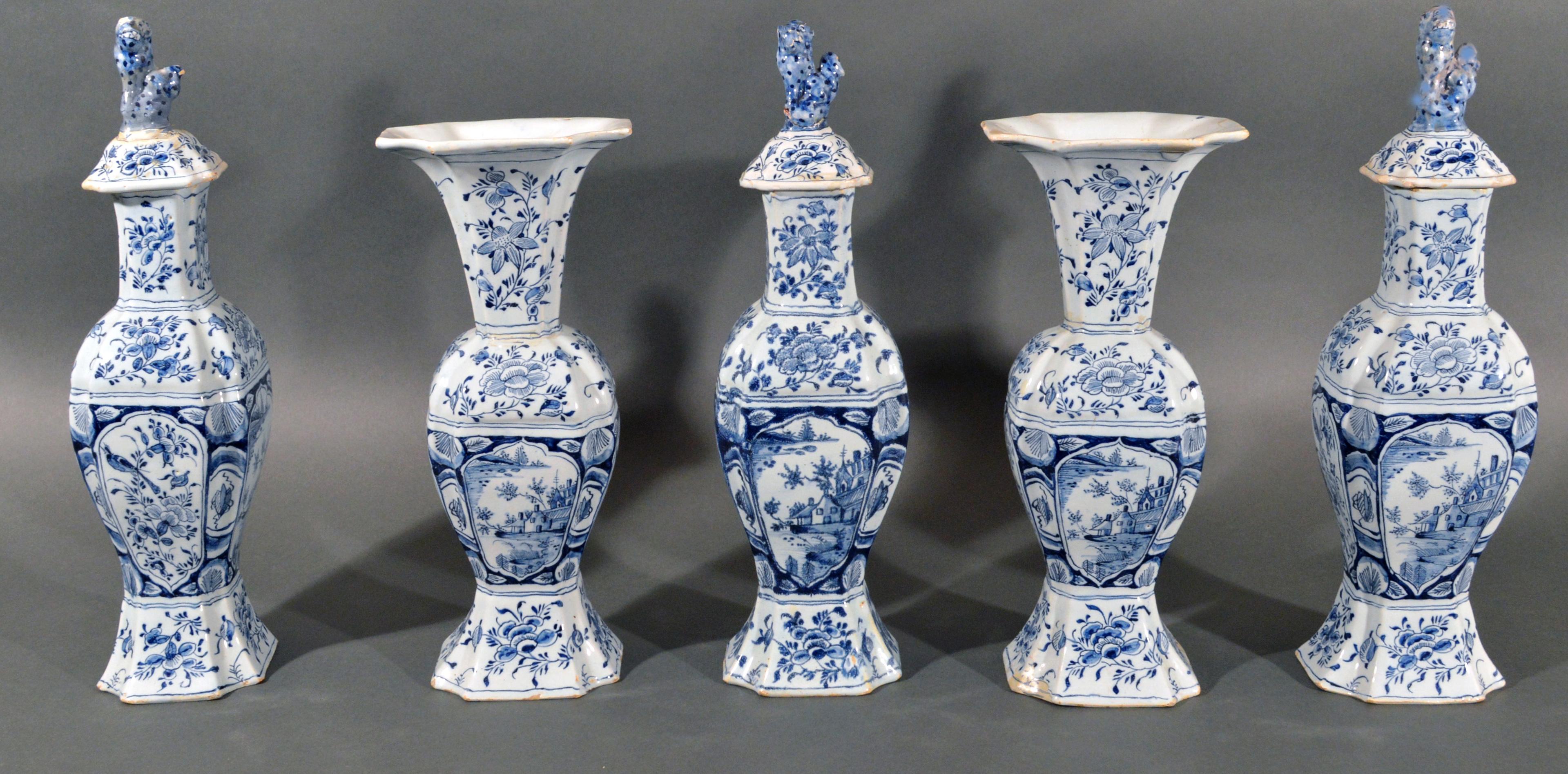 Dutch Delft blue & white five-piece Chinoiserie garniture,
Early to mid-18th century


A lot of Delft garniturs are late 19th century. This set is early after a Chinese Kangxi design - they look amazing
The Dutch delft blue and white tin-glazed