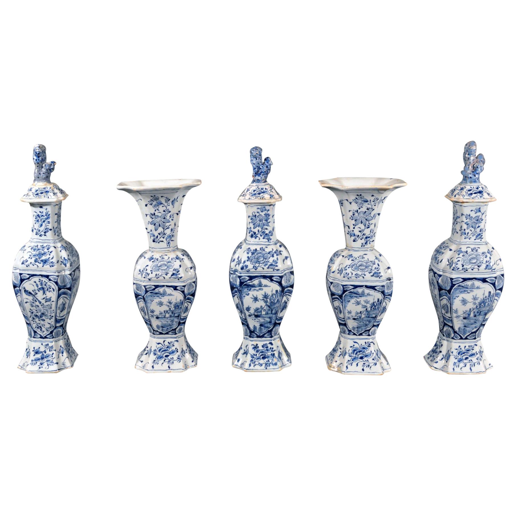 Dutch Delft Blue & White Early Five-piece Chinoiserie Garniture