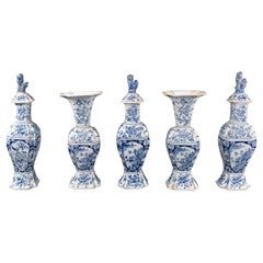 Antique Dutch Delft Blue & White Early Five-piece Chinoiserie Garniture