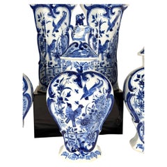 Dutch Delft Blue White Garniture Set Hand Painted Birds 19th C