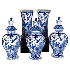 Dutch Delft Blue White Garniture Set Hand Painted Birds 19th C