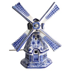 Dutch Delft Blue Windmill Table Lamp, Hand-Painted Porcelain, The Netherlands