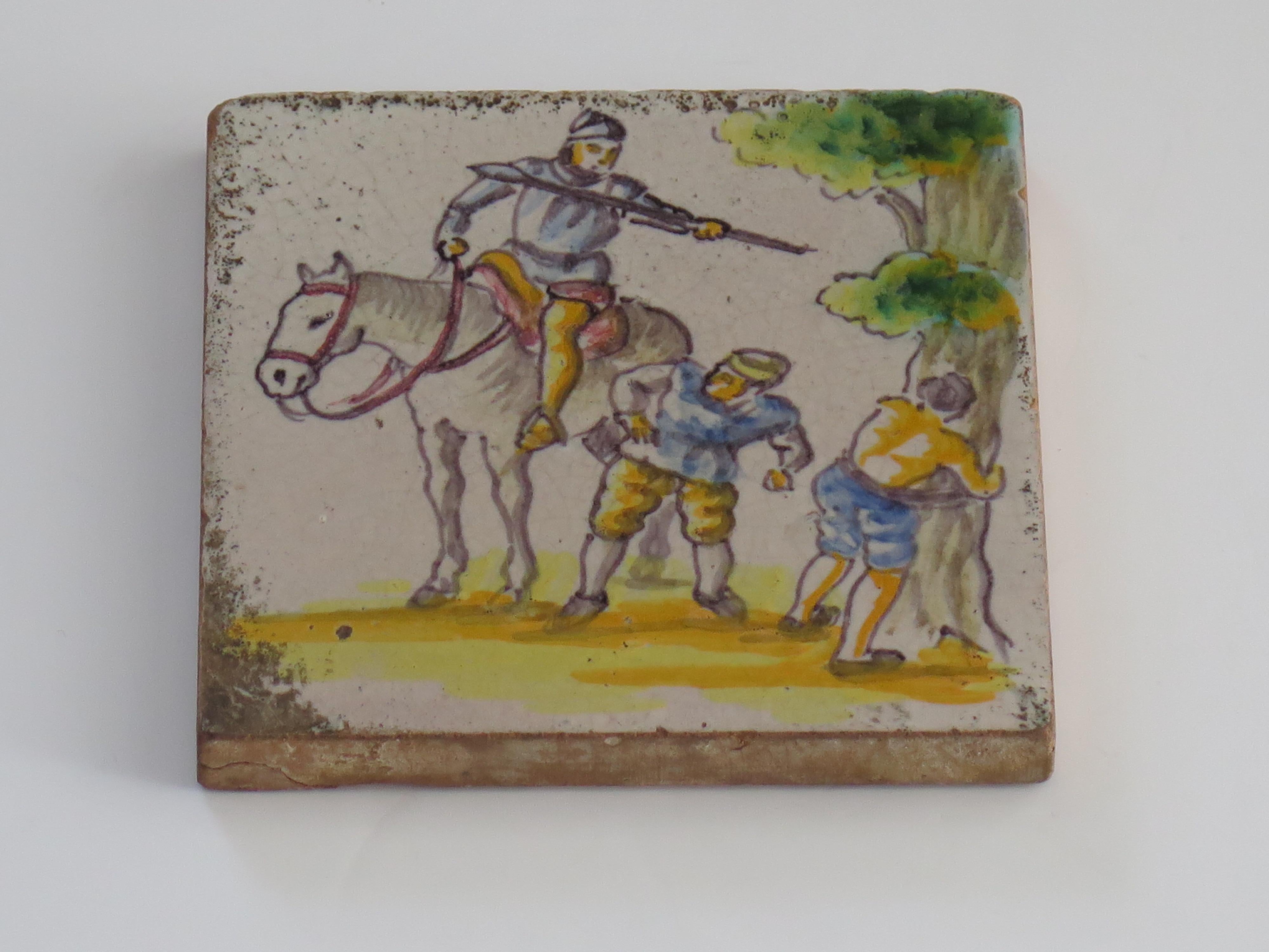 Dutch Delft Ceramic Wall Tile Polychrome Horseman, Circa 1800 In Good Condition For Sale In Lincoln, Lincolnshire