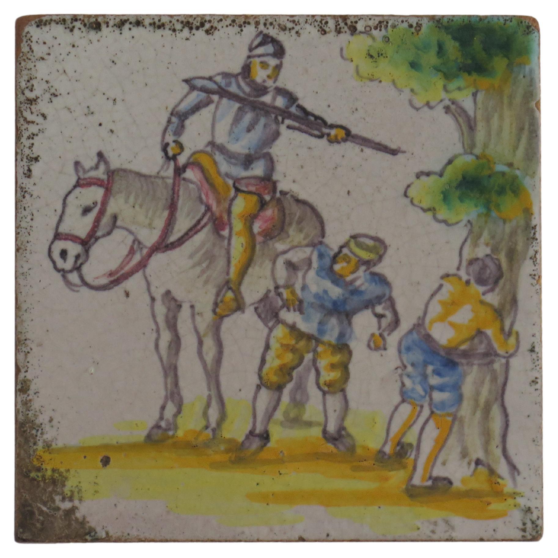 Dutch Delft Ceramic Wall Tile Polychrome Horseman, Circa 1800