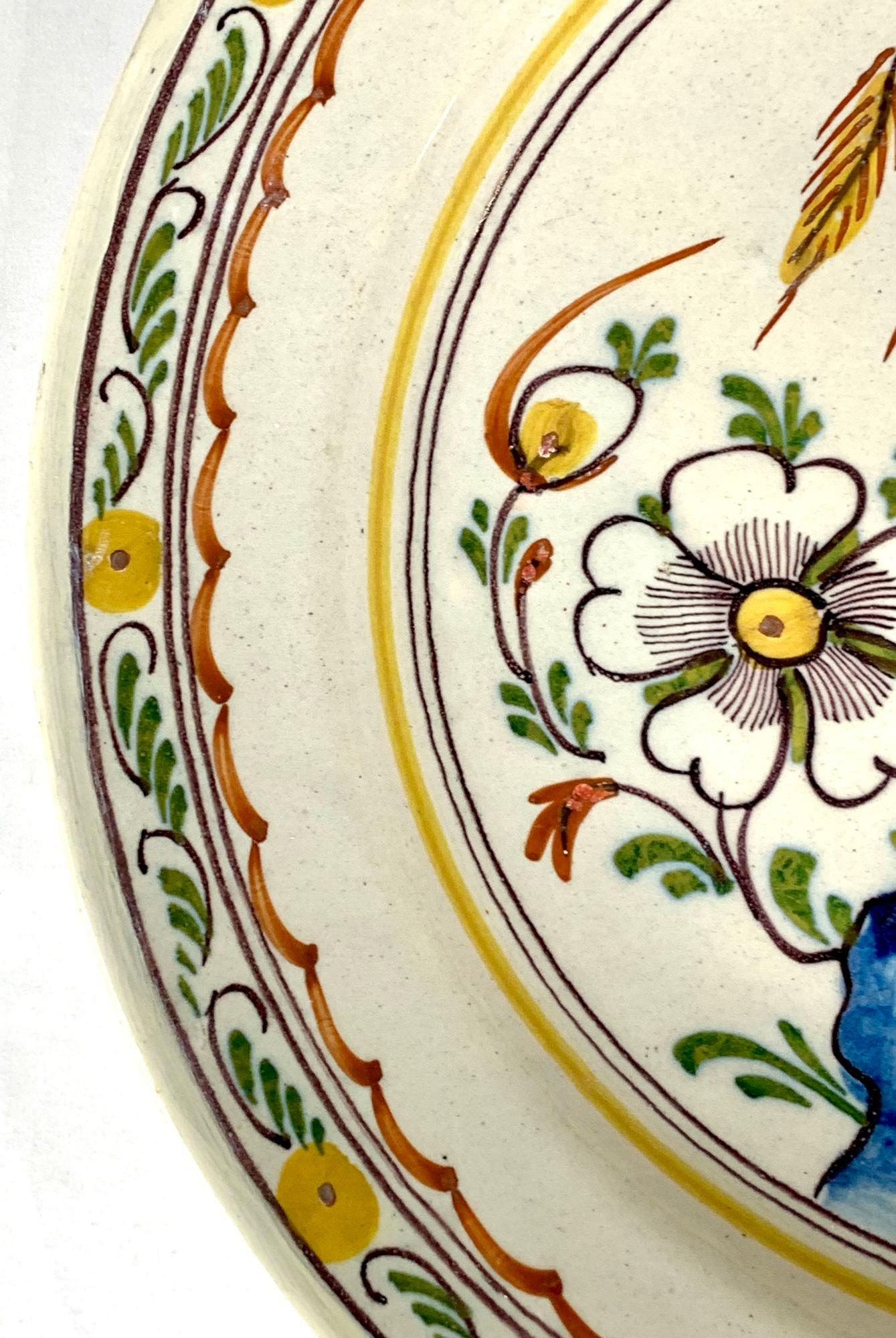 Hand-Painted Dutch Delft Charger Hand Painted Polychrome Colors 18th Century Holland C-1780 For Sale