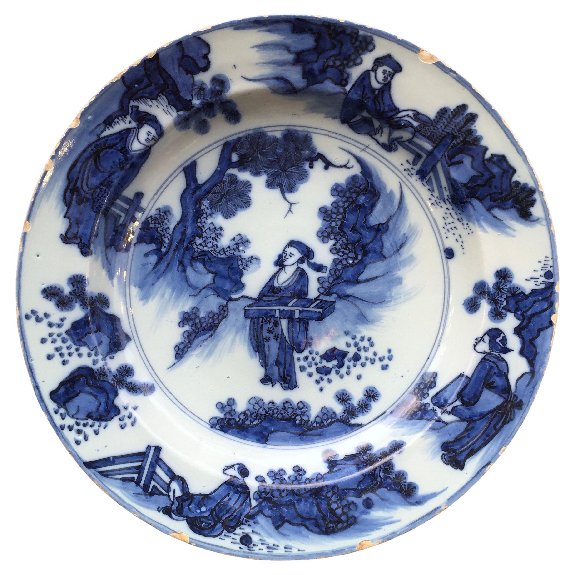 Dutch Delft Charger with Chinoiserie Decor in Transition Style, 17th Century For Sale