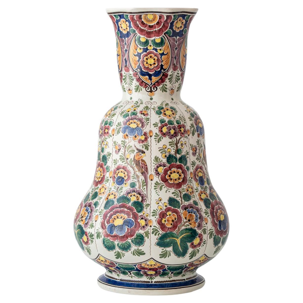 Dutch Delft Double Gourd Vase, Monumental Hand-Painted Polychrome, 1950s For Sale