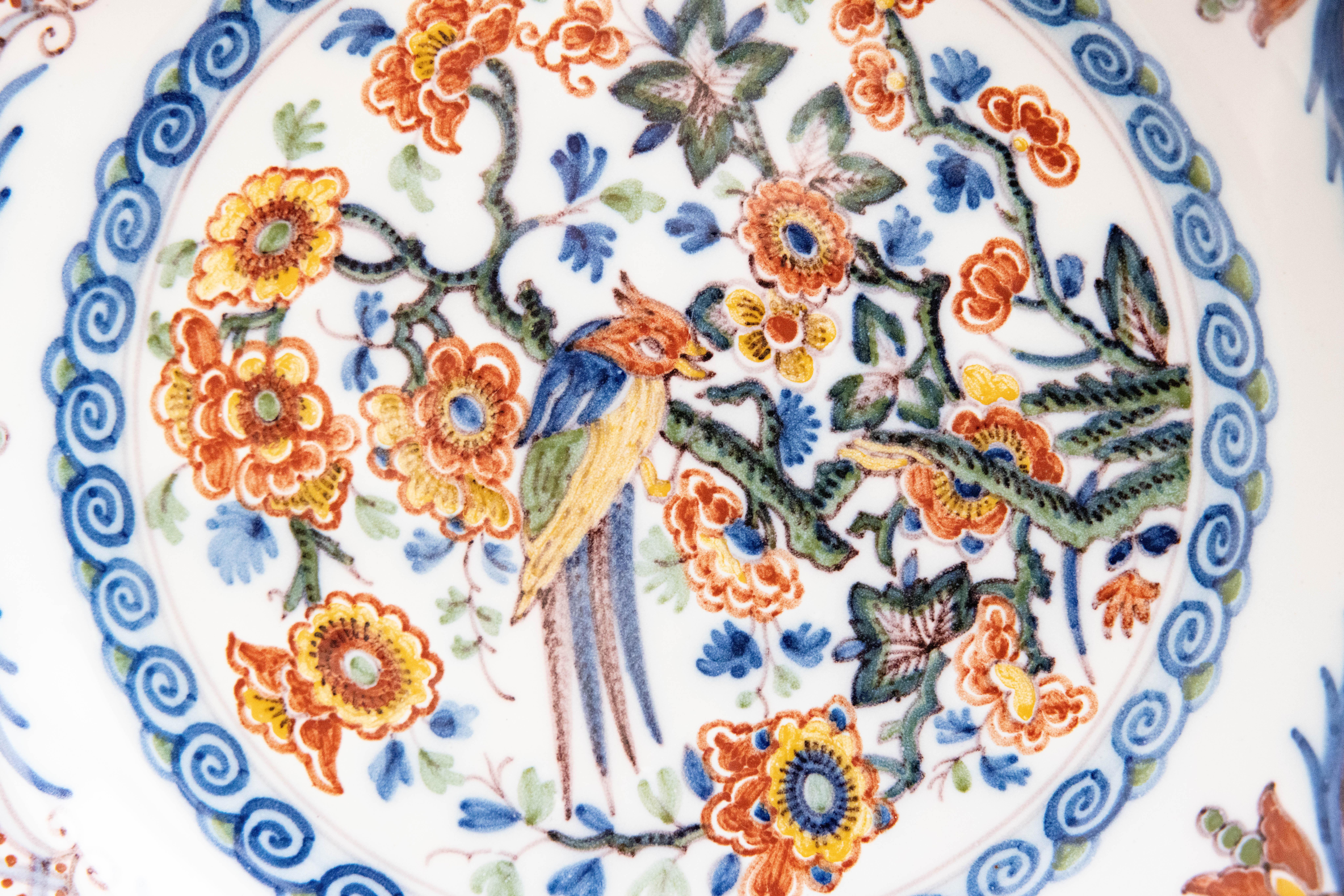 Dutch Delft Faience Polychrome Floral Bird Scalloped Wall Charger Plate, c. 1940 For Sale 1