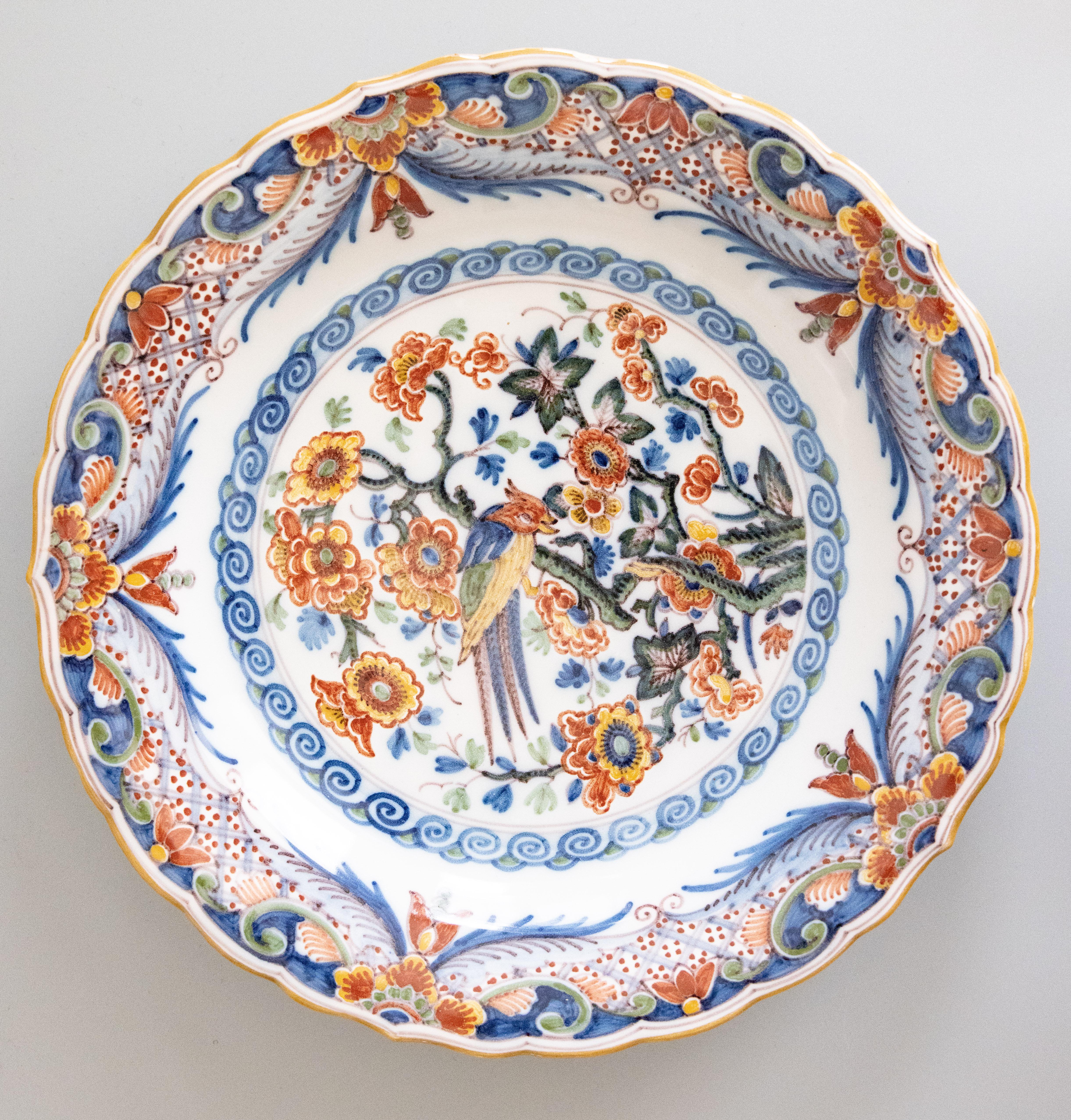 Dutch Delft Faience Polychrome Floral Bird Scalloped Wall Charger Plate, c. 1940 For Sale 3