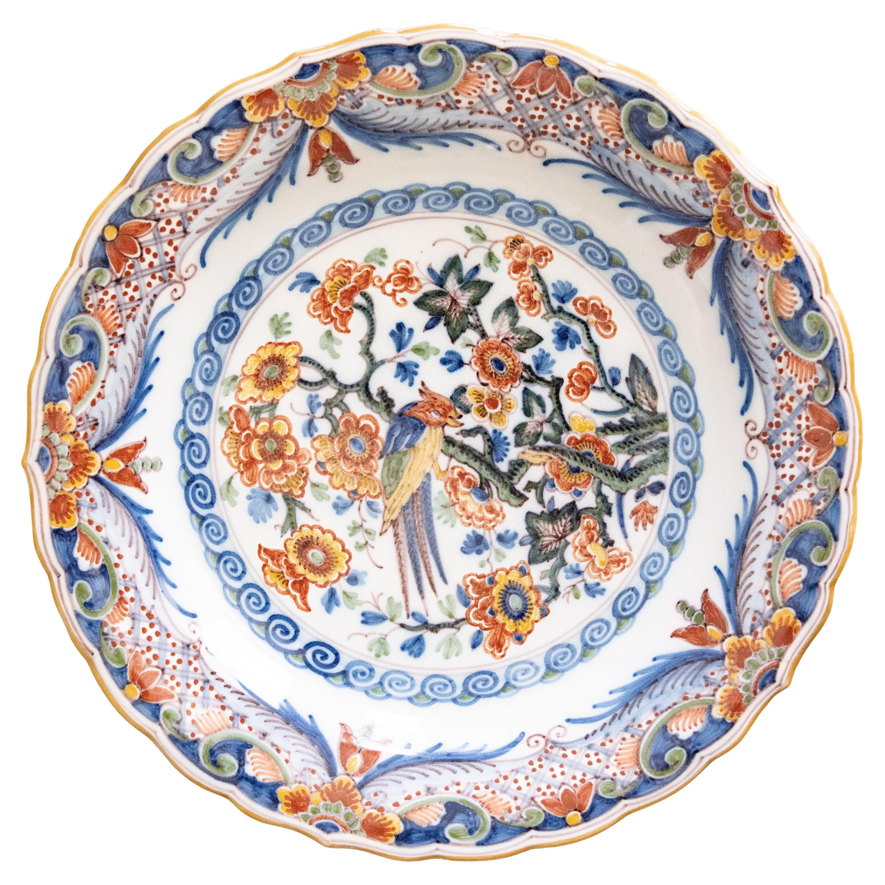 Dutch Delft Faience Polychrome Floral Bird Scalloped Wall Charger Plate, c. 1940