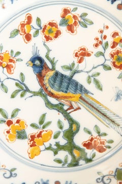Dutch Delft Faience Polychrome Floral Bird Wall Charger Plate, circa 1940