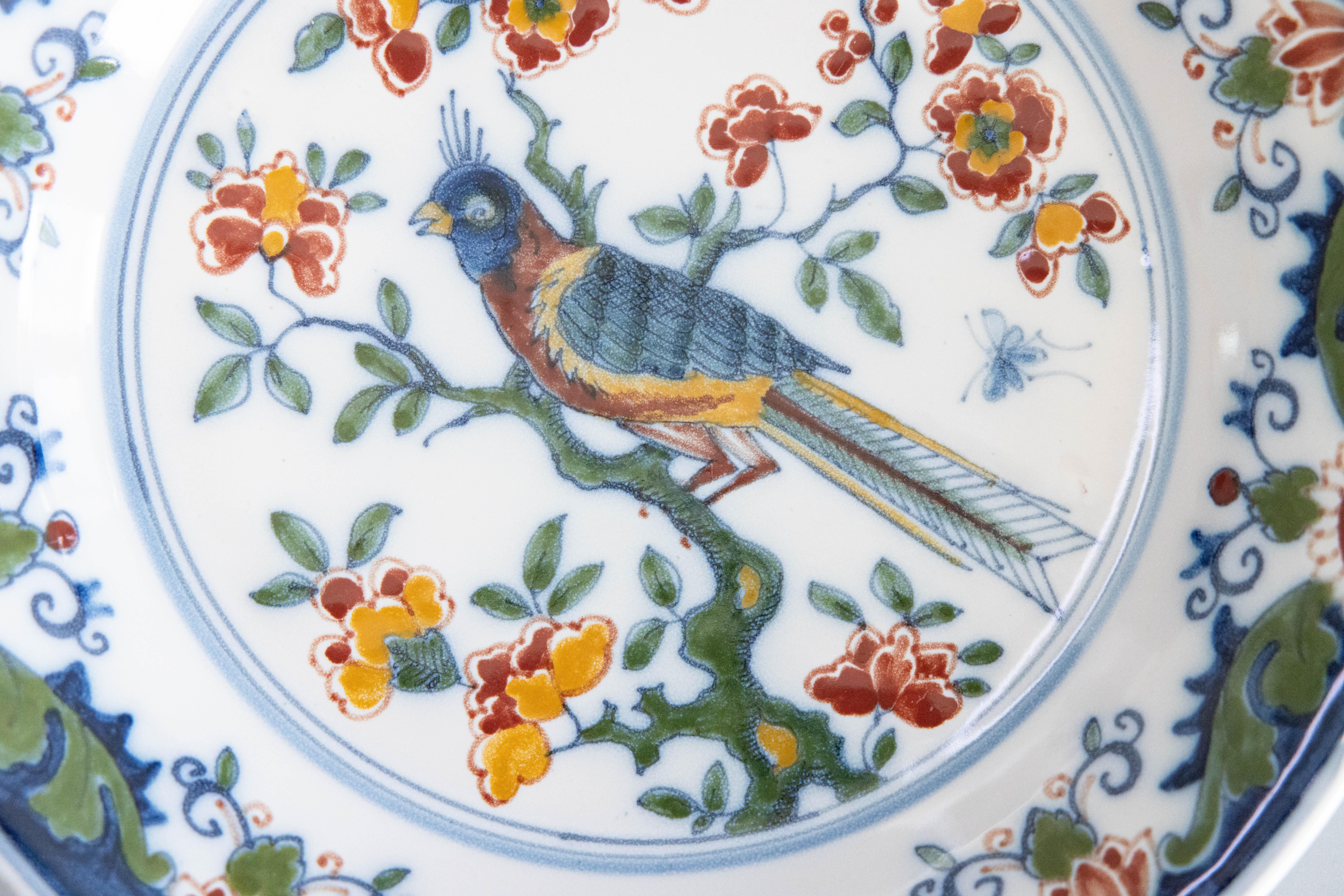 Dutch Delft Faience Polychrome Floral Bird Wall Charger Plate, circa 1940 For Sale 2