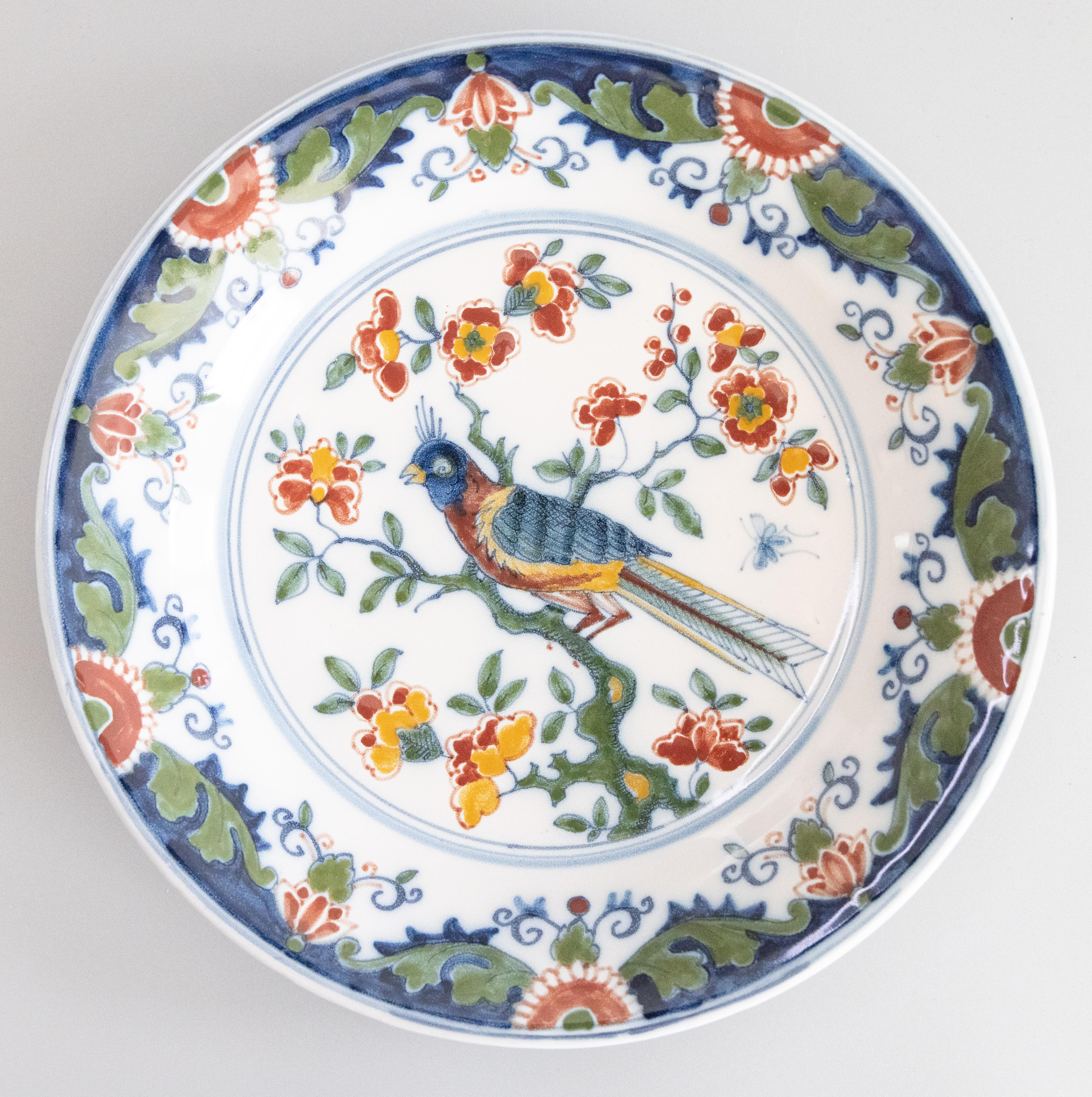 Dutch Delft Faience Polychrome Floral Bird Wall Charger Plate, circa 1940 For Sale 4