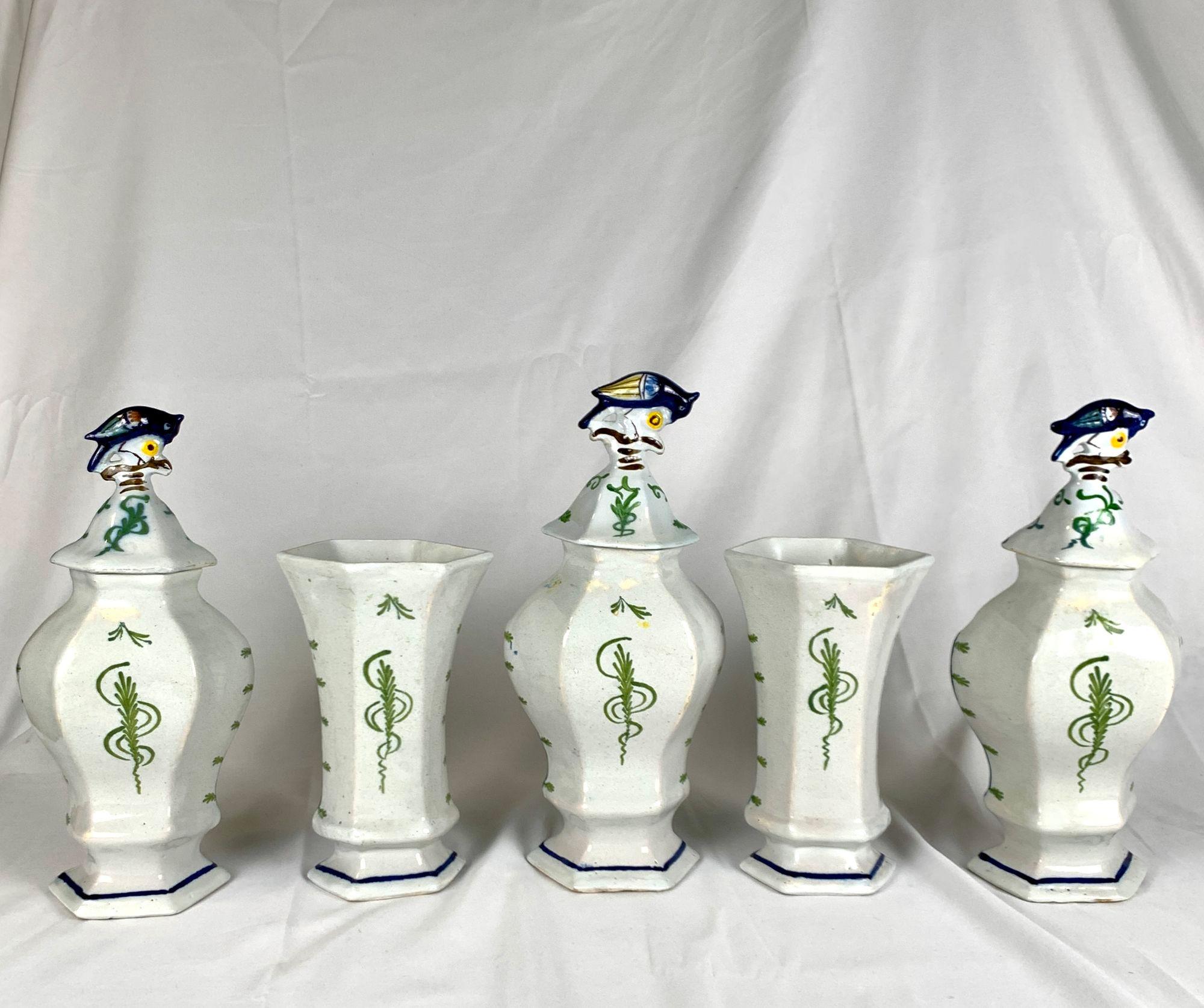 Dutch Delft Mantle Garniture of Five Pieces 18th Century Hand Painted Circa 1780 For Sale 6