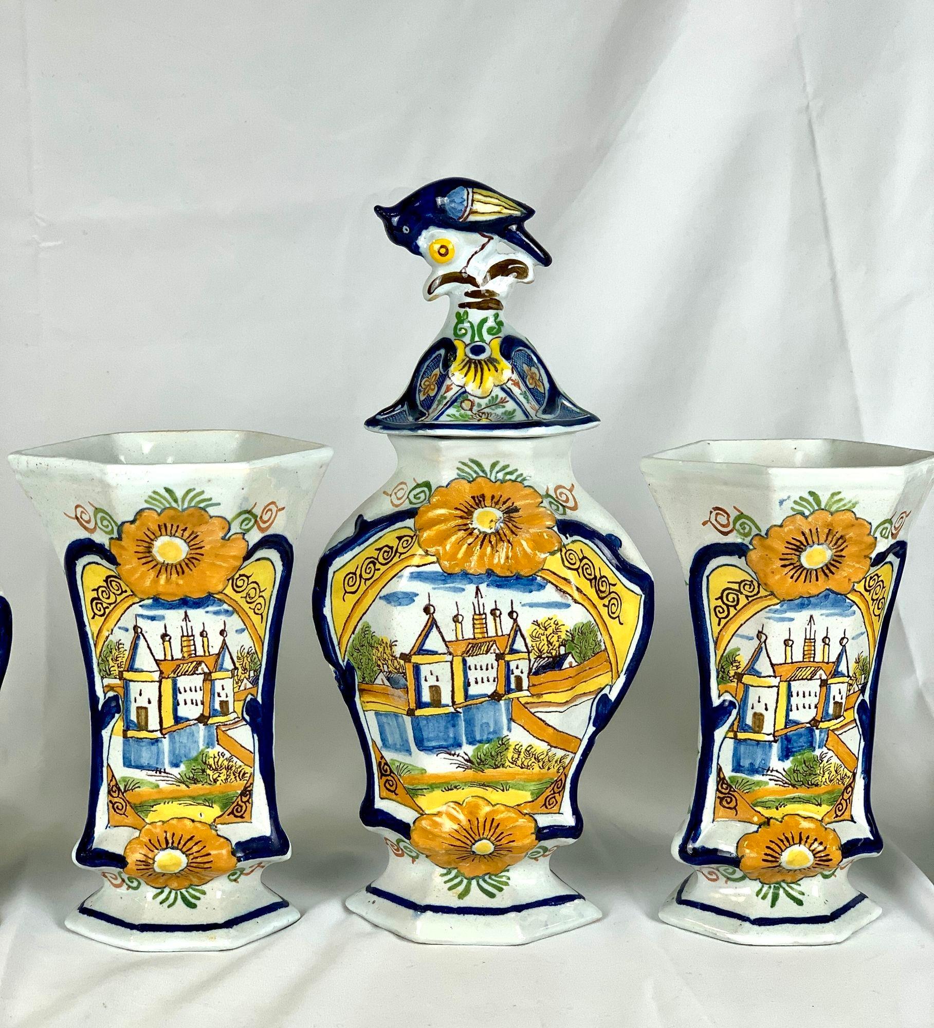 Rococo Dutch Delft Mantle Garniture of Five Pieces 18th Century Hand Painted Circa 1780 For Sale