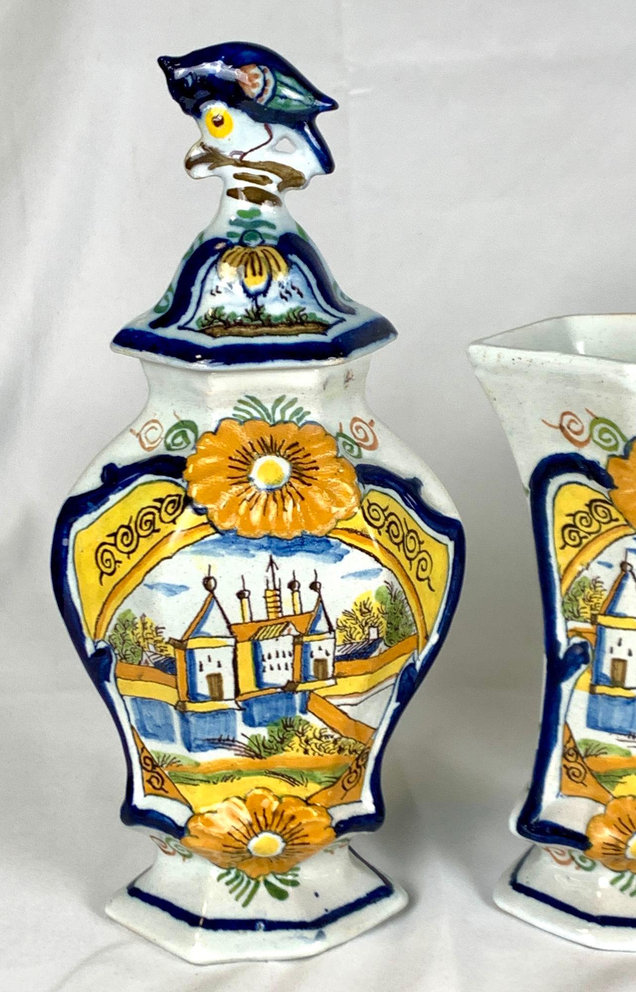 Dutch Delft Mantle Garniture of Five Pieces 18th Century Hand Painted Circa 1780 In Excellent Condition For Sale In Katonah, NY