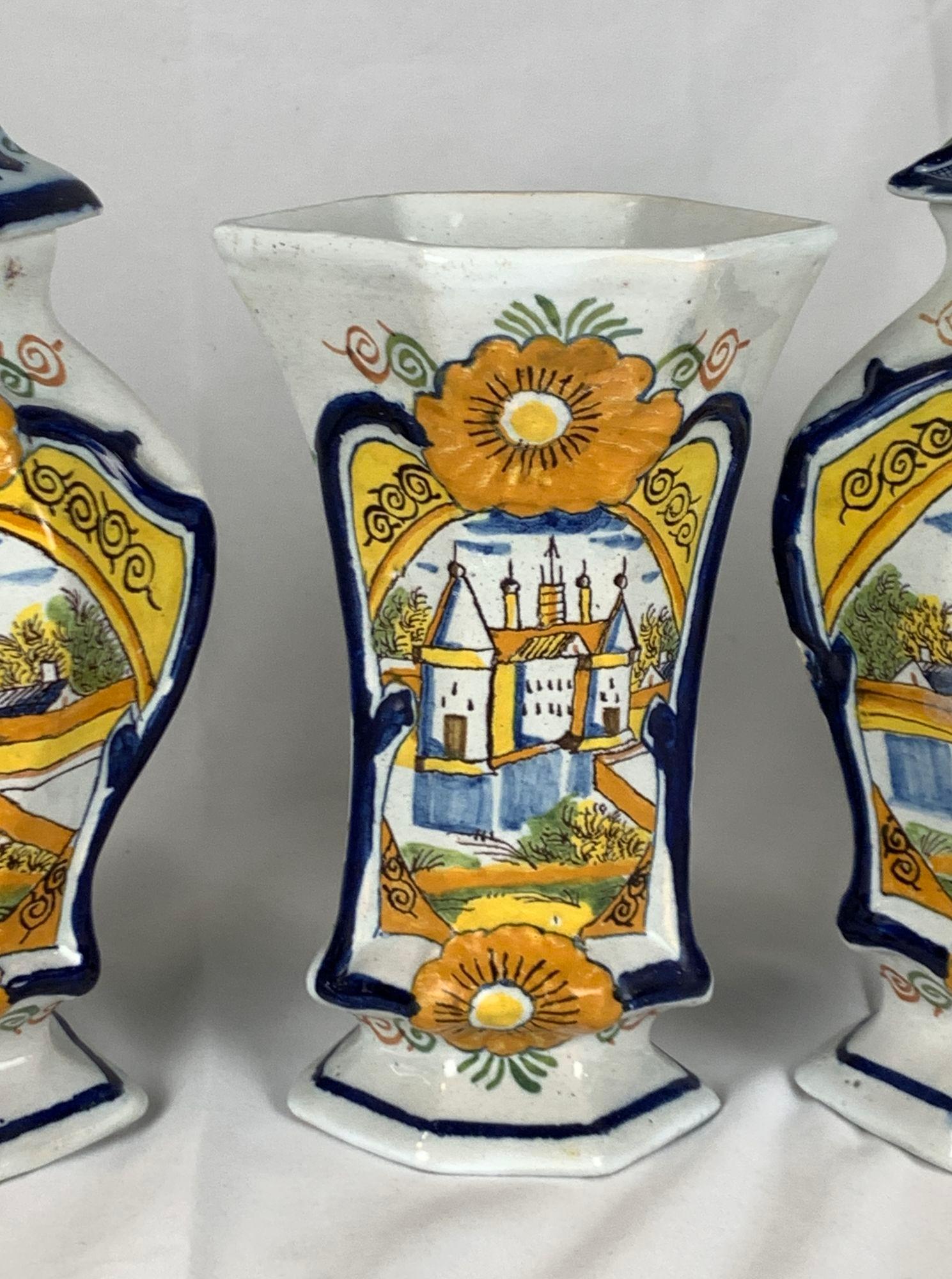 Dutch Delft Mantle Garniture of Five Pieces 18th Century Hand Painted Circa 1780 For Sale 1