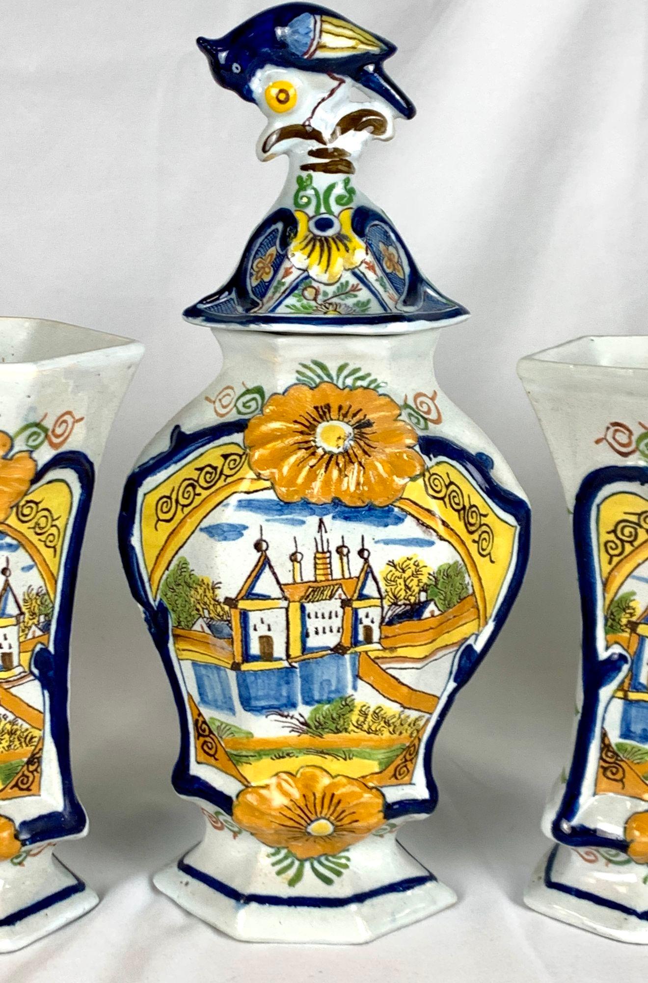 Dutch Delft Mantle Garniture of Five Pieces 18th Century Hand Painted Circa 1780 For Sale 2