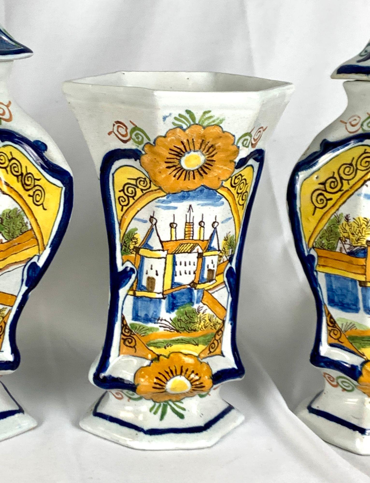 Dutch Delft Mantle Garniture of Five Pieces 18th Century Hand Painted Circa 1780 For Sale 3