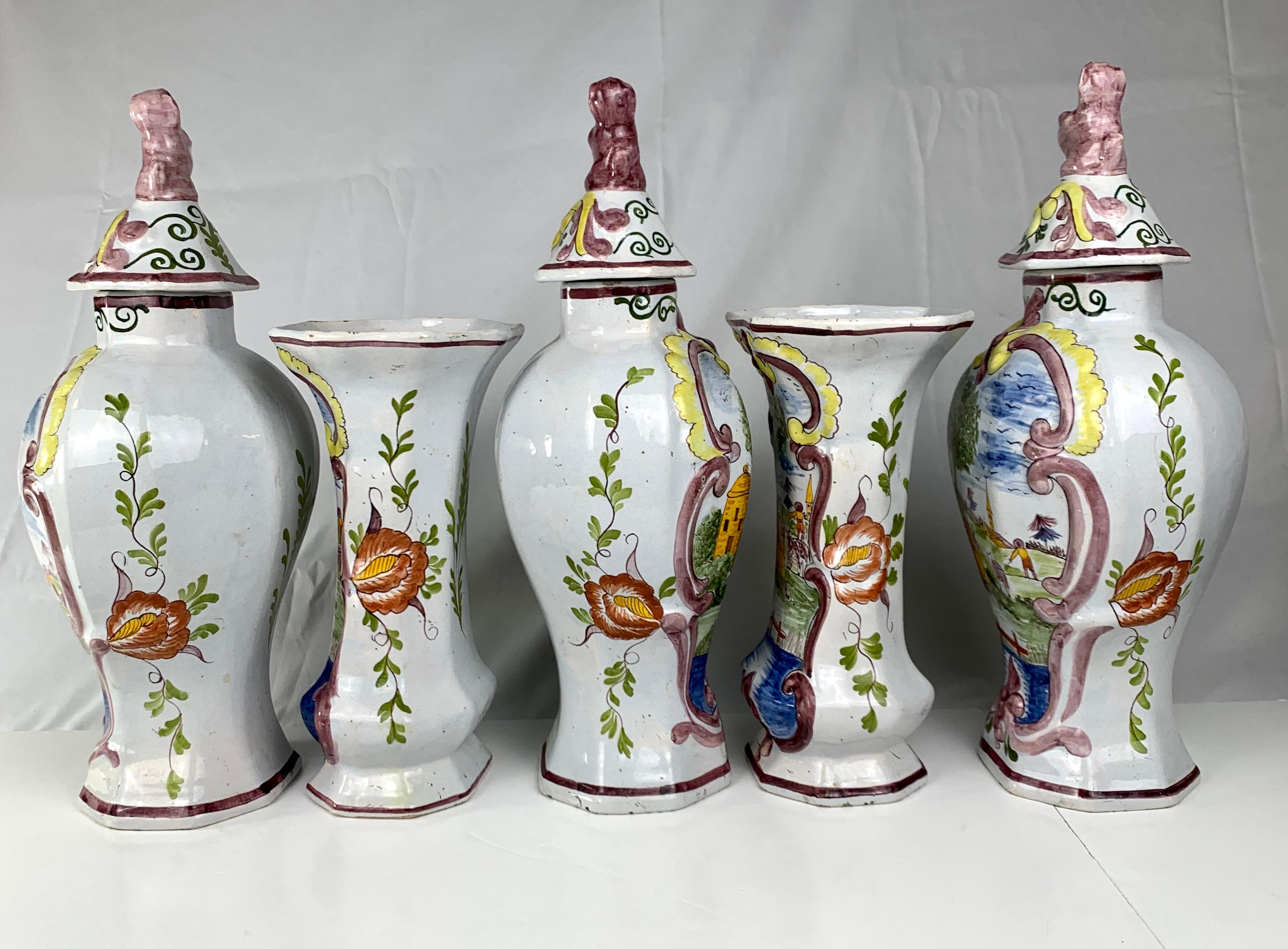 19th Century Large Dutch Delft Garniture Five Piece Polychrome Made Circa 1880 Netherlands For Sale