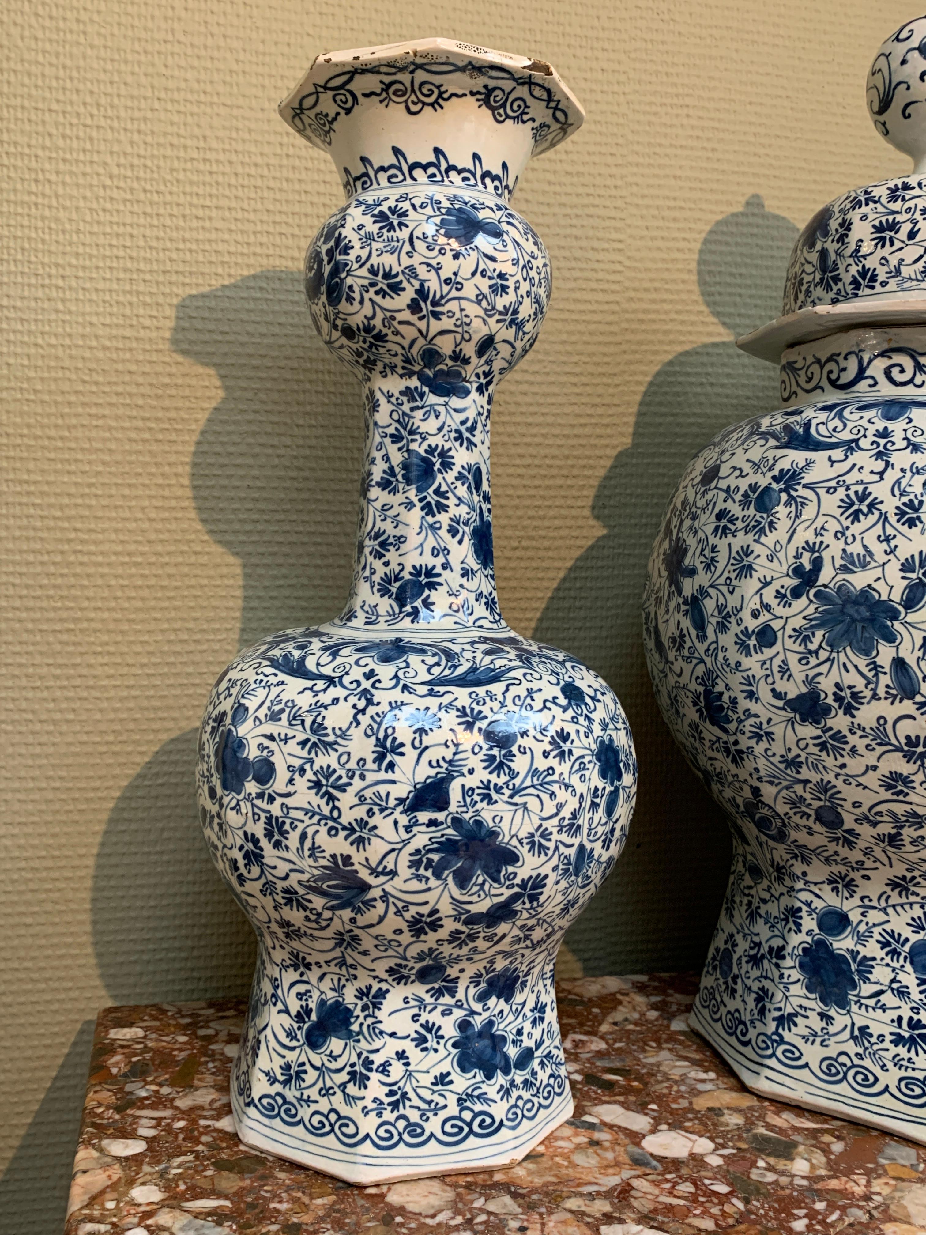 Glazed Dutch Delft Garniture Set of Three Large Vases, Early 18th Century