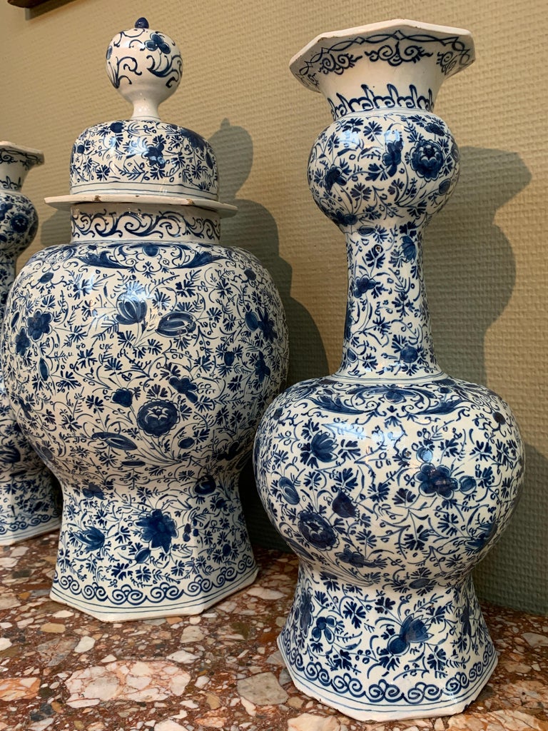 Ceramic Dutch Delft Garniture Set of Three Large Vases, Early 18th Century For Sale