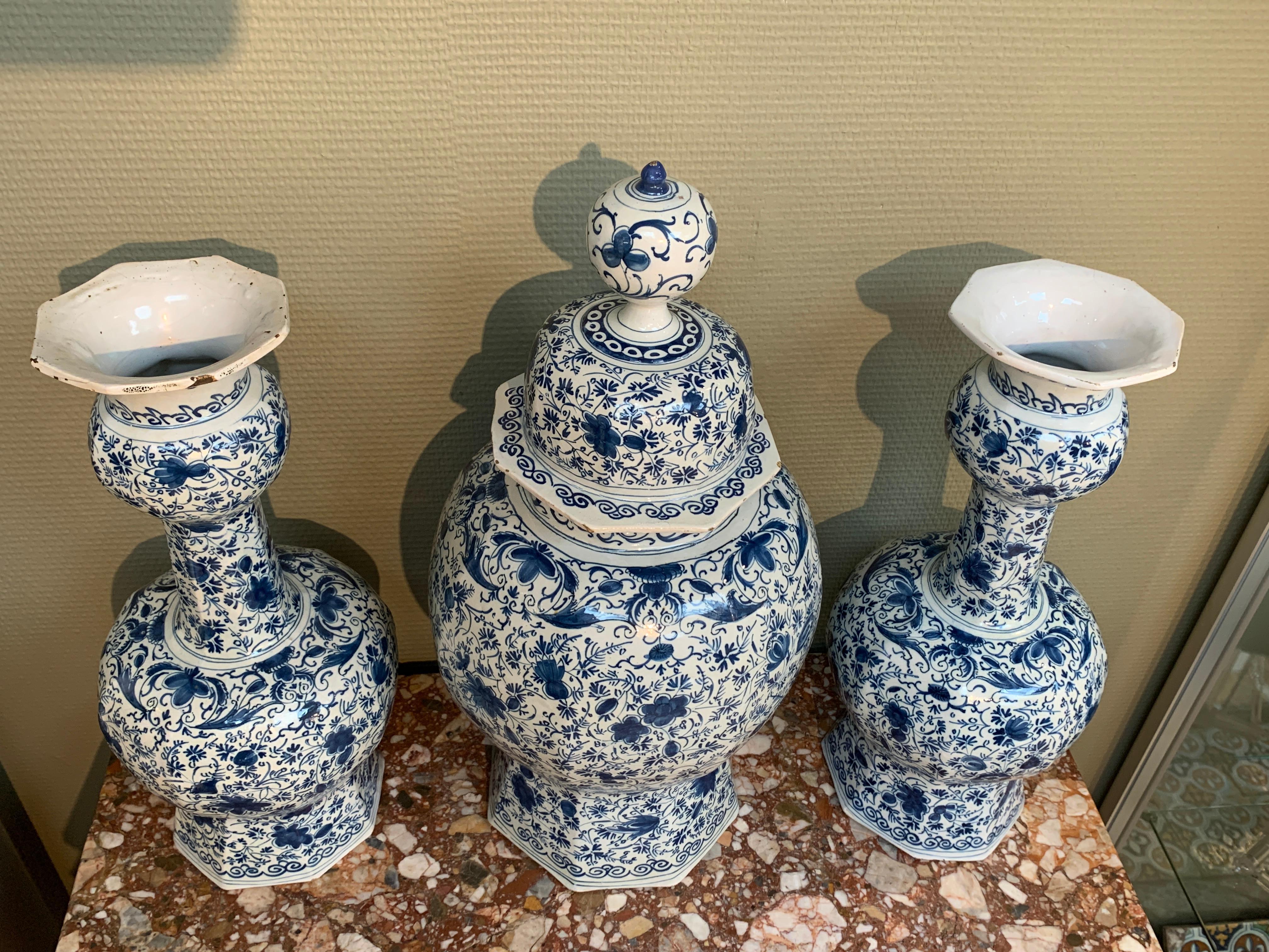 Ceramic Dutch Delft Garniture Set of Three Large Vases, Early 18th Century