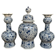 Dutch Delft Garniture Set of Three Large Vases, Early 18th Century