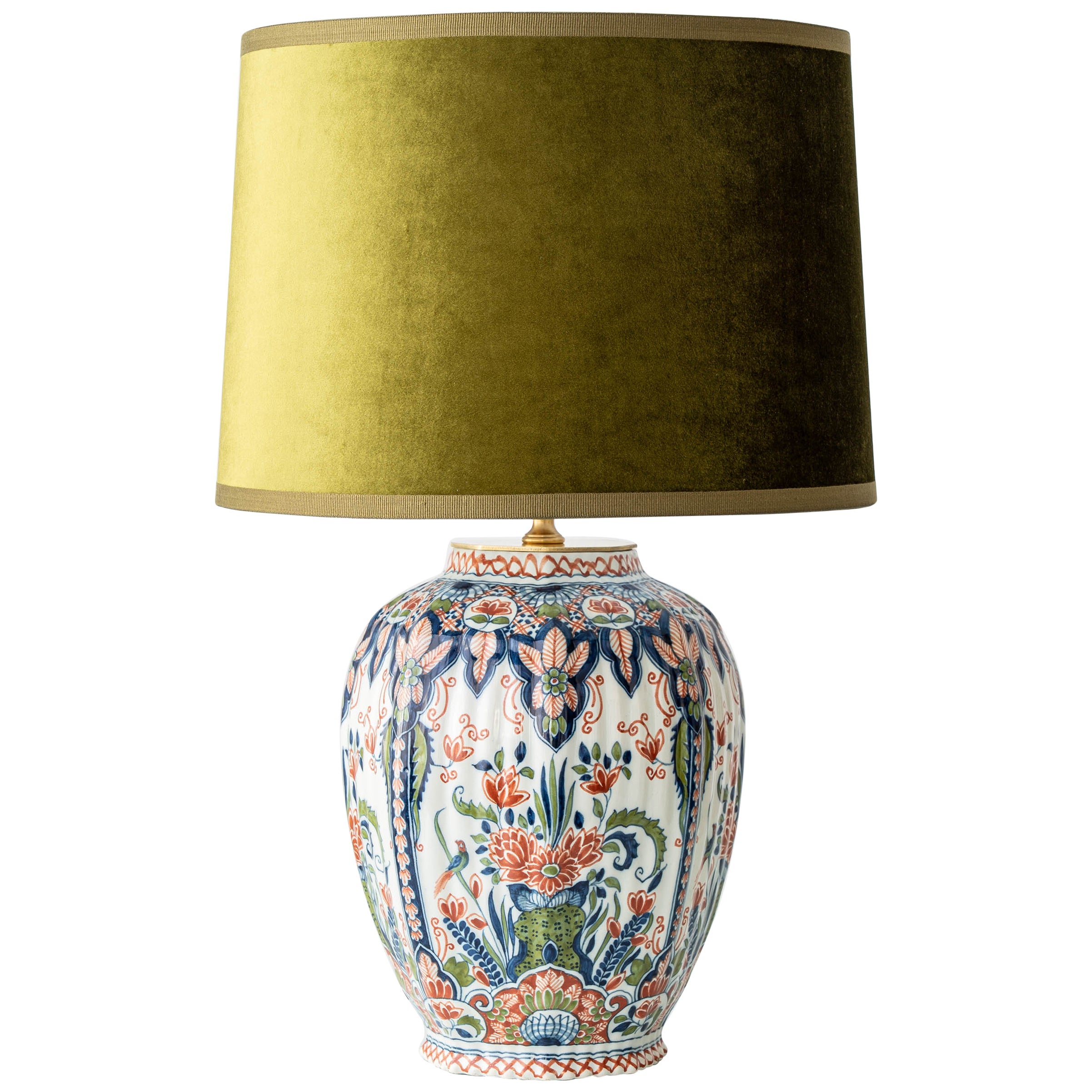 Dutch Delft Hand-Painted Ceramic Table Lamp, Makkum Polychrome, New Velvet Shade